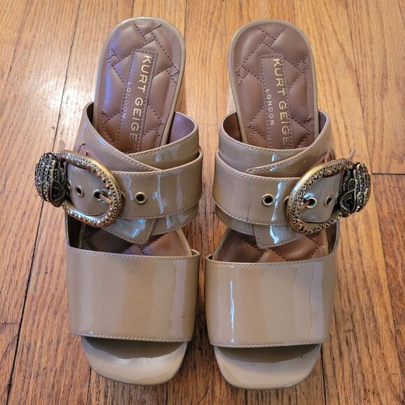 Kurt Geiger 8.5 Patent Leather Beige Platform Heeled Sandals Gold Eagle Buckle - Picture 2 of 13